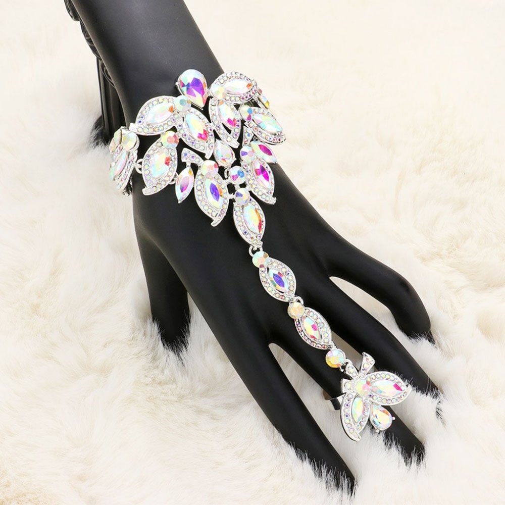 Abalone Marquise Crystal Evening Hand Chain Bracelet Statement Jewelry Ring